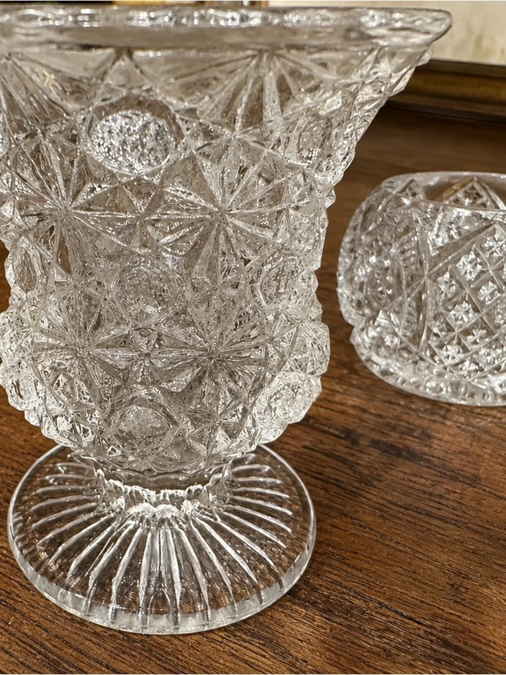 Vintage Miniature Cut Glass Set Vase Open Salt Pitcher Creamer 3 Pc Clear